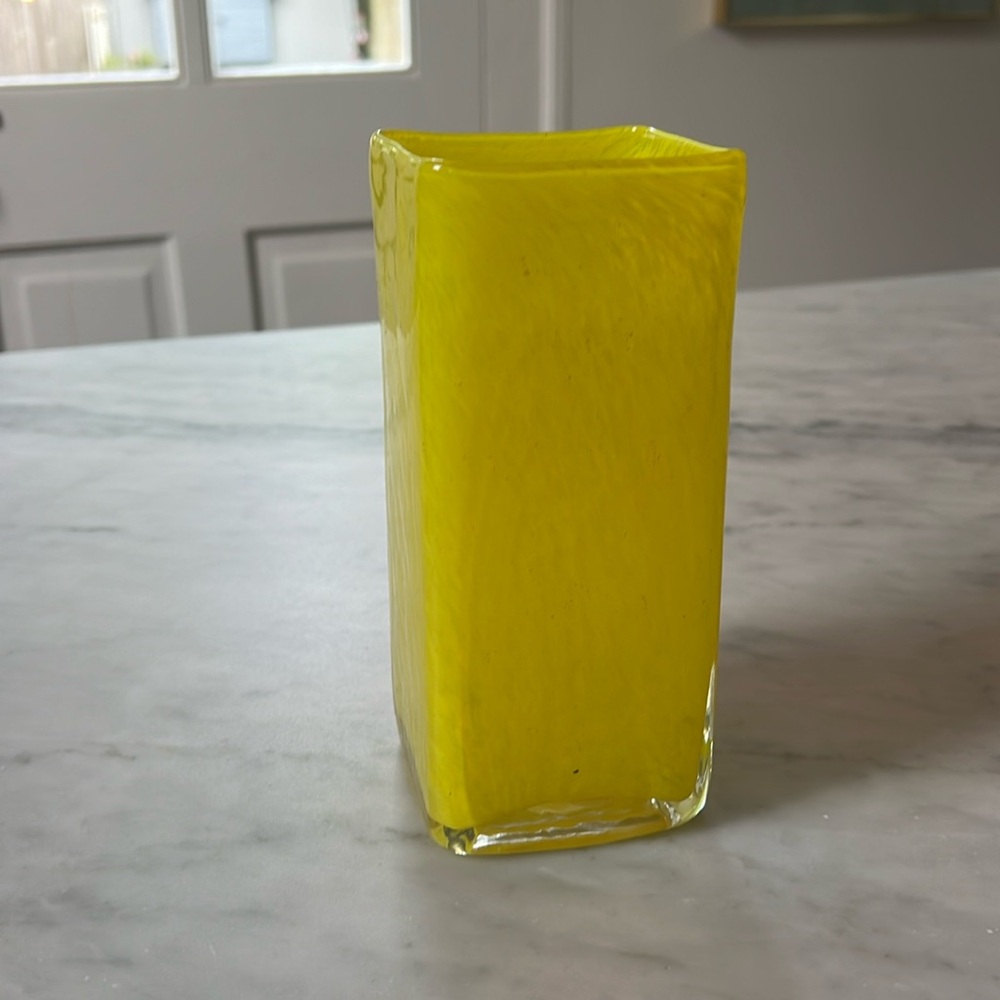 Bright yellow Murano style glass vase 7” tall, 3x3 width - hand blown